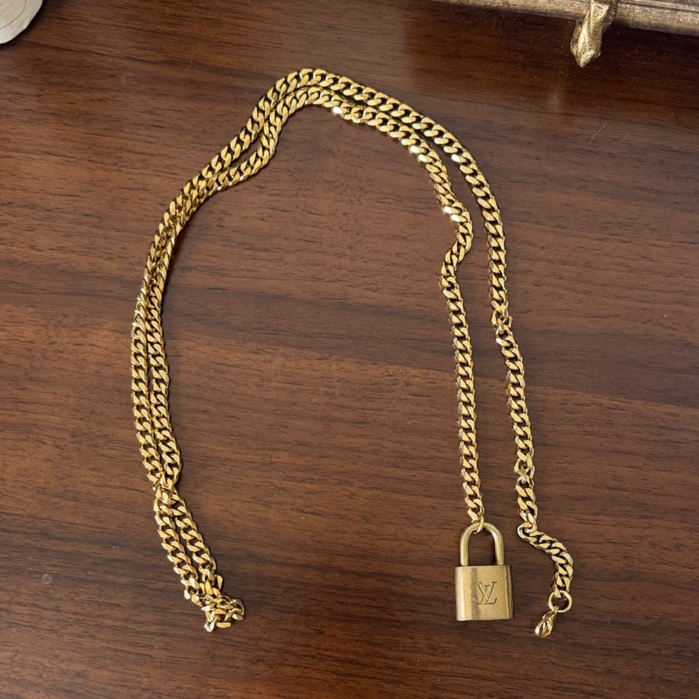 Repurposed Louis Vuitton Gold Plated Chain Belt with Padlock Charm